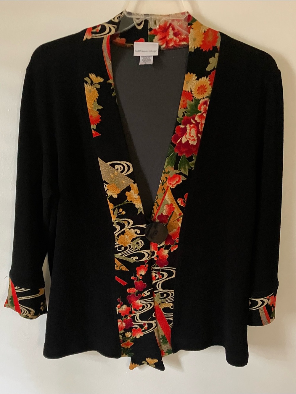 Soft Surroundings Black Jacket with Floral Trim